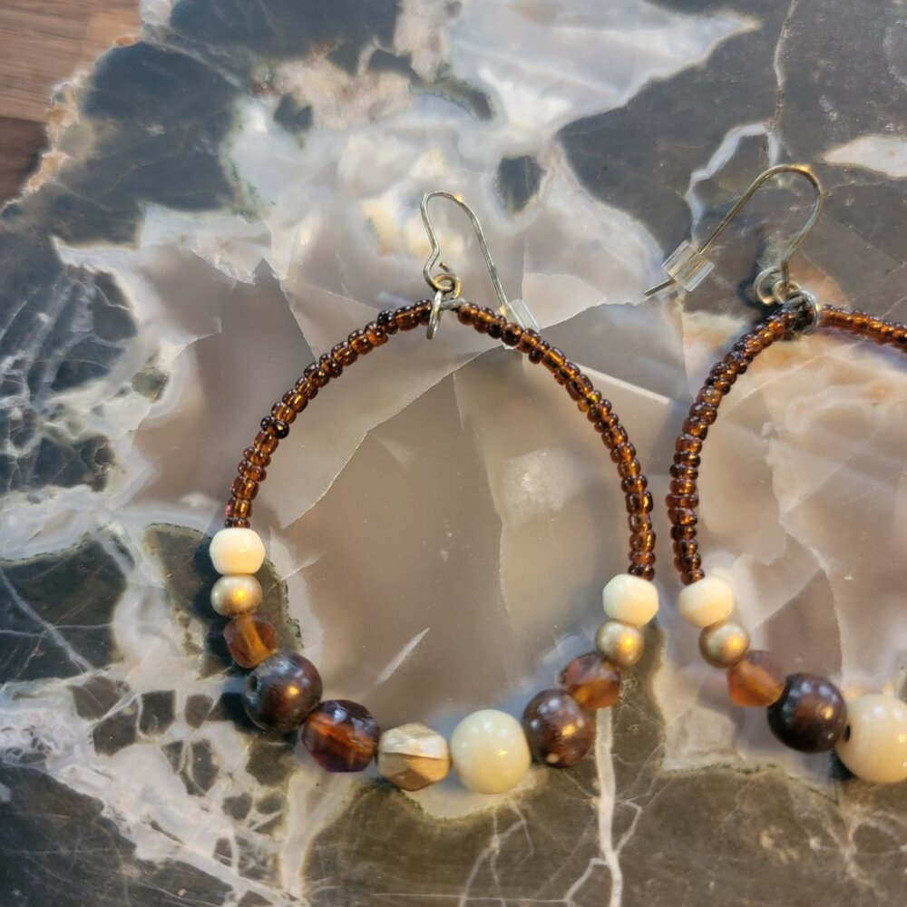 Boho Warm Brown Beaded Hoop Earrings - Picture 7 of 8